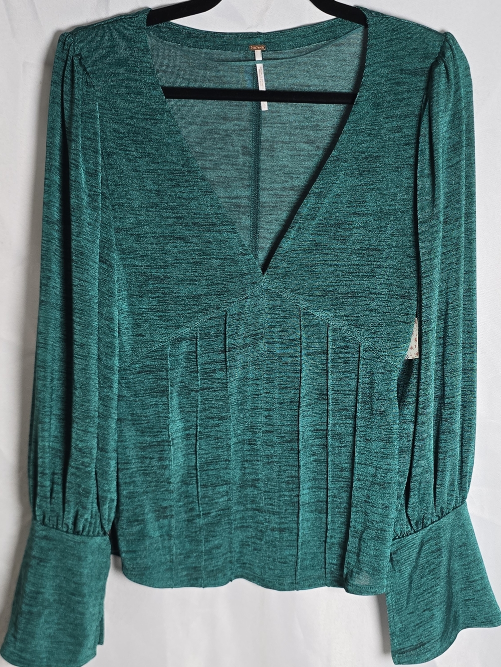 NWT Free People Teal Green V-Neck Corset Style Pleated Long-Sleeve Fitted Top